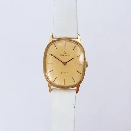 Damur Certina jubilé, ca 27mm, stål/double, manuell,, refnr 4206 039, snr 9628981, vitt läderband, repigt glas, slitet armband. 
