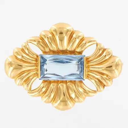 Brosch med blå sten, ca 47x35mm, 18K Vikt: 8,9 g