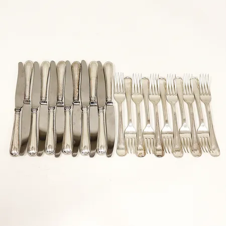 Smörgåsbestick Svensk Rund, 11 gafflar 147mm, 12 knivar 180mm (stål i blad), bruttovikt 679,8g, silver.