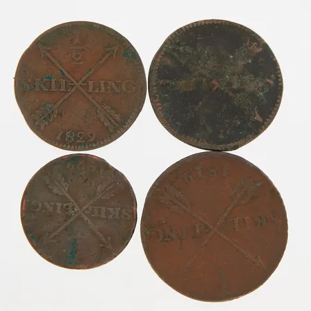 Fyra Kopparmynt, 1 Skilling år 1819, ½ Skilling år 1829, ½ Skilling år 1827, ¼ Skilling år 1829, Koppar 