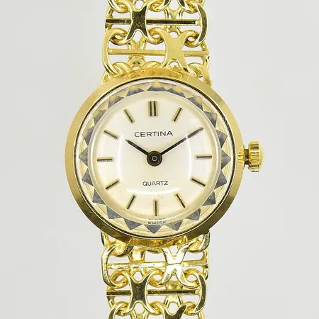Damur Certina 18K med integrerat armband X-länk 18K, boett Ø18 mm, quartz, boettnr 133.8810.68, behov av batteribyte, stum krona/går ej att trycka in, bruttovikt 22,5g
