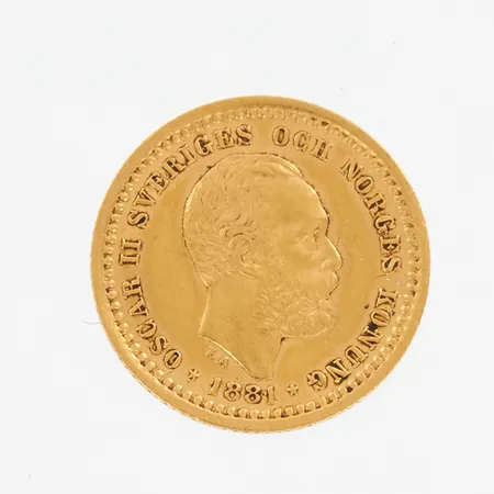 Guldmynt, Ø16mm, Oscar II Sveriges och Norges konung 1881, 5KR, myntkapsel, 900/1000 21,6K Vikt: 2,2 g