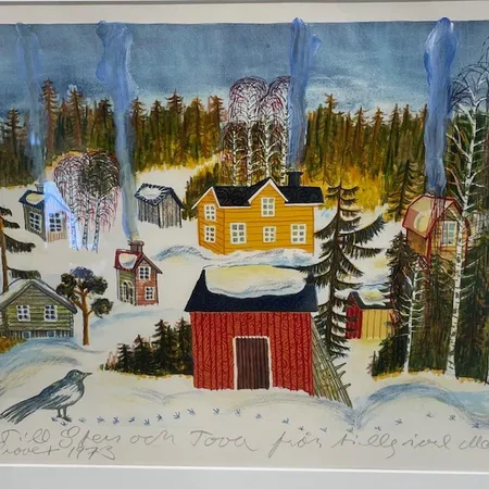Tavla, färglitografi, Mårten Andersson, signerad, med dedikation 1974, bildmått 34x26cm, mått inklusive ram 58x45cm Skickas med postpaket.