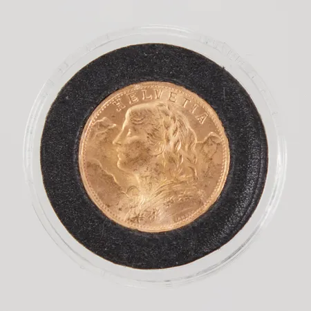 Mynt, 20 francs, Helvetia "Vreneli", 1935, Ø21mm, plastkapsel,  21,6K,  Vikt: 6,5 g