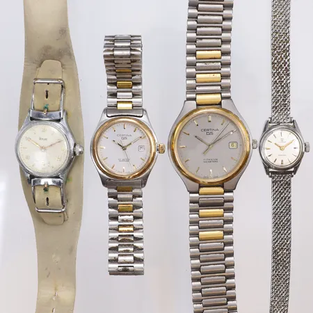4st Herrur/Damur Certina DS, Tissot och Terval, Ø18-34mm, manuella samt quartz, manuella går men inte quartz, defekter glas med sprickor defekta länkar, hårt slitage 