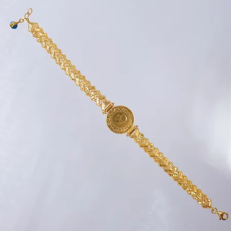 Armband med integrerat mynt, ca 18-19cm, bredd 7,9mm, mynt Ataturk Ø17,7mm 21,6K. 22K Vikt: 11,8 g