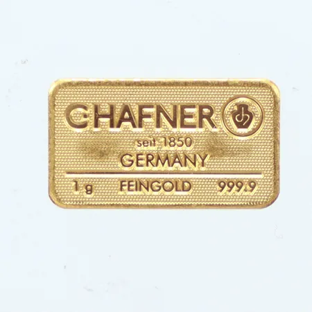 Guldtacka, längd 15,1mm, bredd, 8,5mm, CHAFNER Germany seit 1850, 1g feingold 999,9, 285655, 24K