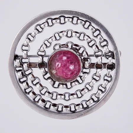 Brosch med rosa sten, Högbergs Silversmedja Anders år 1964, Ø ca 45mm, 830/1000, silver Vikt: 23 g