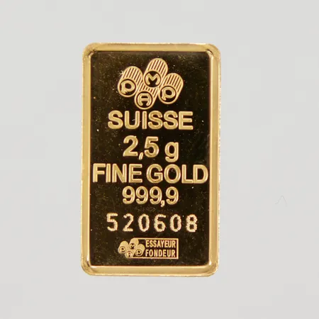 Guldtacka Pamp, 2,5gr, serienummer: 520608, uppklippt plastförpackning, 24K Vikt: 2,6 g