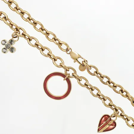 Collier med fem hängen, Dyrber/Kern, 80cm, bredd 3-10mm, gulmetall, originaletui