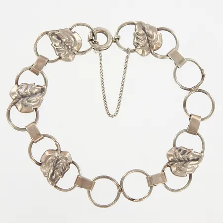 Armband med bladdekor, 18,5cm, bredd: 11mm, säkerhetskedja, smärre skevheter, silver  Vikt: 9 g