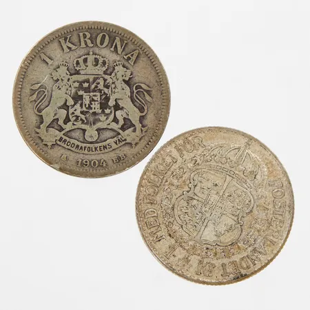 Två mynt, enkronor, silver 800/1000 Vikt: 14,7 g