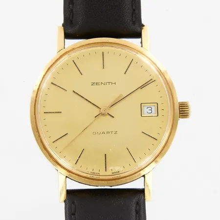 Herrur Zenith Surf Ø34mm, quartz, datum, gravyr, i behov av batteribyte, läderband ej original, 14K