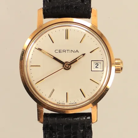 Damur, Certina 14K, Ø21mm, quartz, går ej, datum, gravyr, nr. EOL111929965, läderarmband, etui