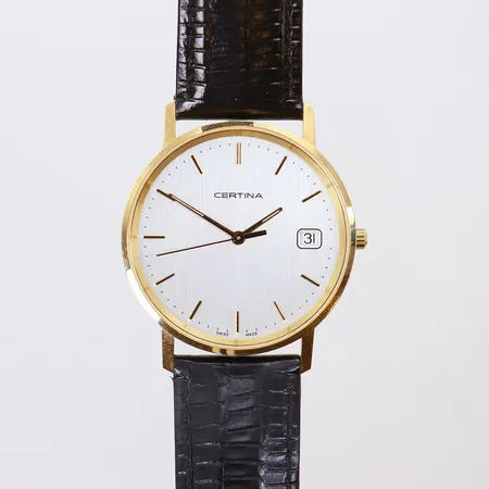 Herrur, Certina, 14K, Ø33,5mm, quartz, datum, boettnr 158.9289.65, svart läderband, gravyr, går ej/behov av batteribyte