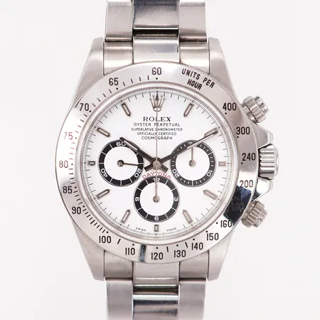 Herrur Rolex Daytona Cosmograph, Ø40mm, automatisk, stål, vit urtavla, Oysterlänk, referensnr: 116520, kaliber: 4030, serienr: A306471, verknr: 183820, år: 1999, mindre repor förekommer på bezel och länk, inga tillbehör.