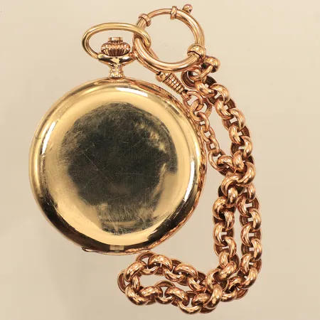 Fickur, Savonette Phenix, 14K, Ø49mm, liten sekundvisare, defekt, går ej, boett nummer 1004, innerboett i metall, klockkedja i gul metall, bruttovikt 80,9g