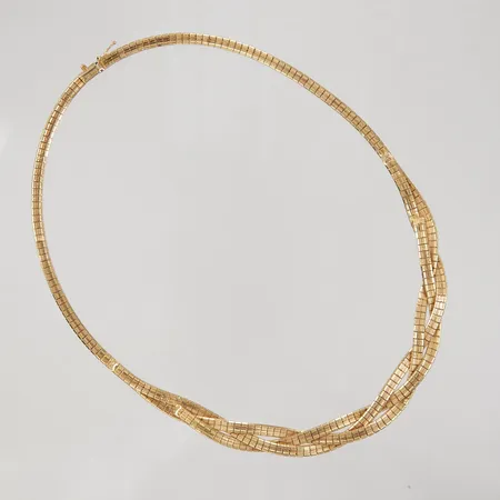 Collier, ledad/ flätad modell, ca 43cm, bredd 4-10mm, 18K Vikt: 38,4 g