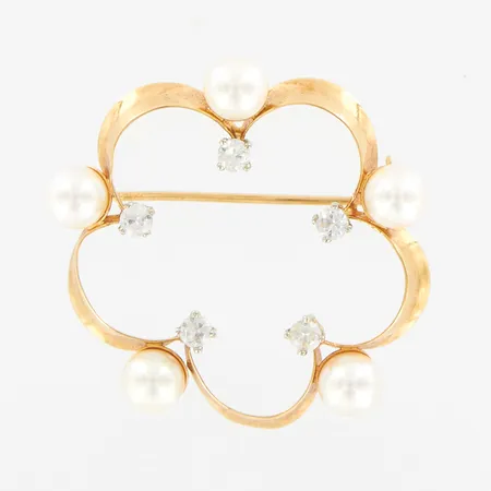 Brosch med Pärlor och vita stenar, Ø ca 32mm, 18K,  Vikt: 4 g