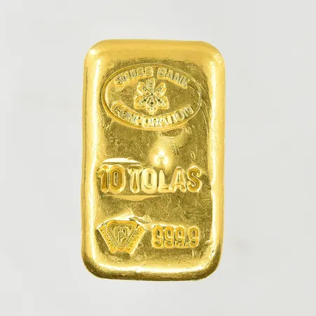 Guldtacka, Swiss Bank Corporation, 10 Tolas, längd 45 mm, bredd 27 mm, 24K. Vikt: 116,6 g
