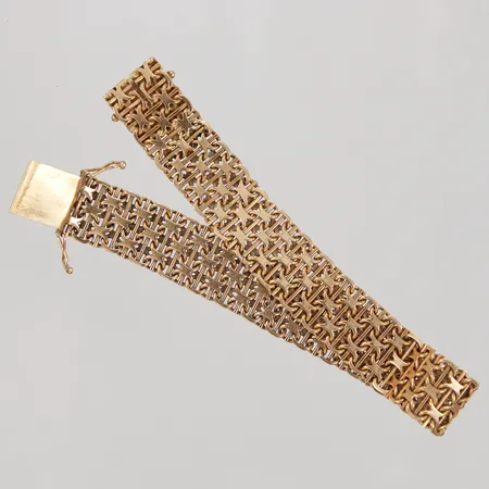 Armband, X-länk med stav, ca 18,5cm, bredd 12,5mm, Bröderna Hedens Guldsmeds år 1960, 18K, Vikt: 26,8 g