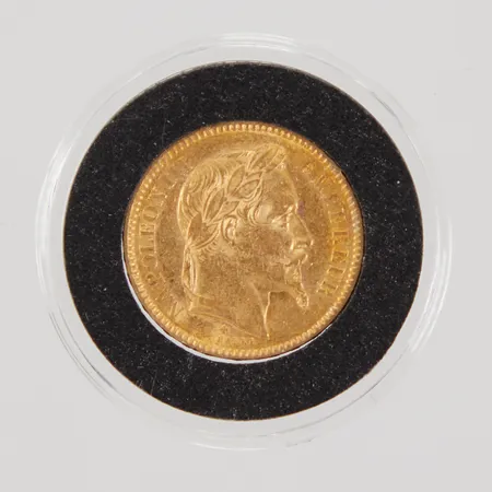 Mynt, 20 francs, Napoleon III Empereur, Empire Francais, 1862, Ø21mm, plastkapsel, Strasbourg, 21,6K,  Vikt: 6,4 g