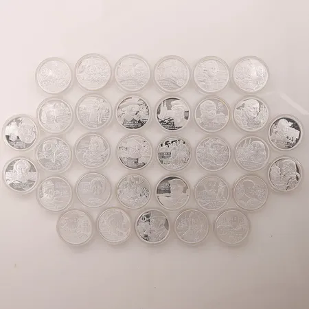Mynsamling, minnesmynt "Sverige Regenter", 33 st á 27g., inga dubbletter, etuier, pärm, ägarbevis, numrerad 3154/15000, 925/1000 Silver 891g.