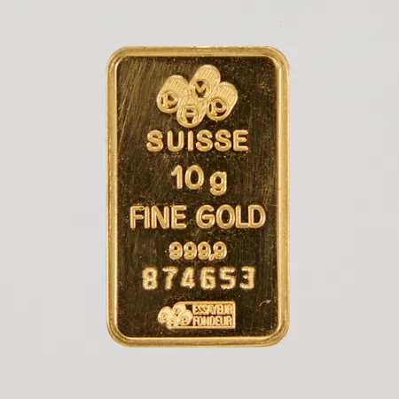 Guldtacka Pamp, 10gr, serienummer: 874653, uppklippt plastförpackning, 24K Vikt: 10 g