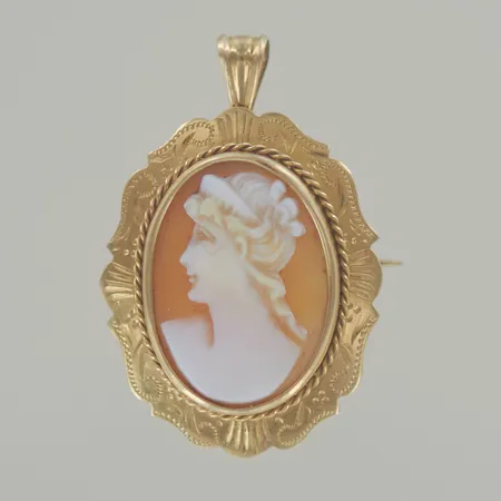 Hänge/brosch camé 50-tal, längd 3,5 cm, bredd 2 cm, 18K bv 4,5 gr Vikt: 4,5 g