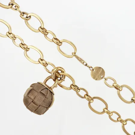 Collier, Dyrberg/Kern, 88cm bredd:4-20mm, avtagbar, flätad kula med karbinhake, ca Ø40mm, längd: 65mm, gulmetall, originaletui