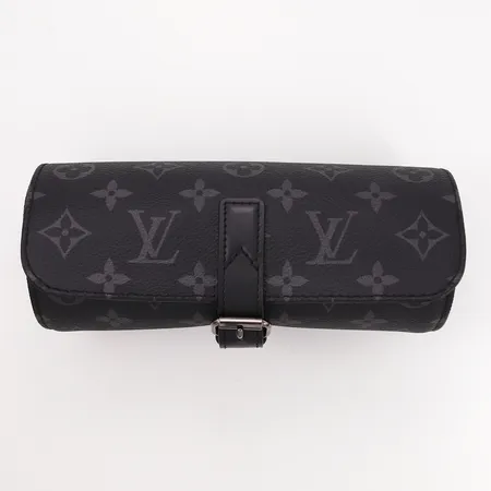 Klockfodral Louis Vuitton för tre klockor, grå monogramcanvas, längd: 20cm, lättare bruksslitage, lös kant på invändig kudde, inga övriga tillbehör Vikt: 0 g