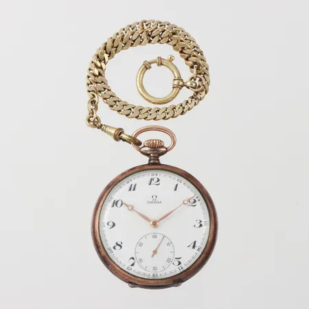 Fickur Omega, diameter ca 5 cm, fungerar ej, silver, klockkedja gulmetall.