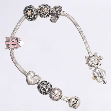 Armband med berlocker, Pandora, 19cm, bredd 3-12mm, silver 925/1000 Vikt: 42,4 g