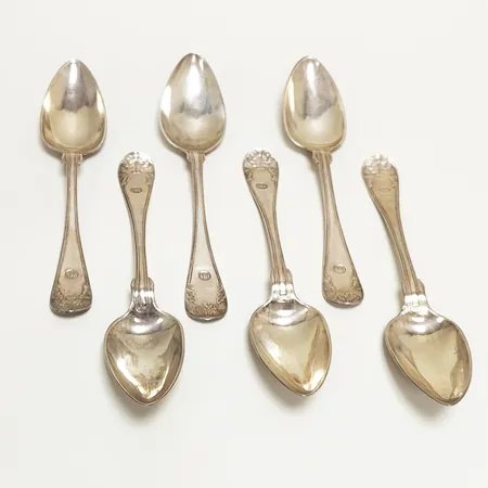 Sex Matskedar, längd ca 21cm, monogramstämplade, år 1842-44, L.P.Malm + G.Holm, besticklinda gravyr, 830/1000  Vikt: 348,3 g