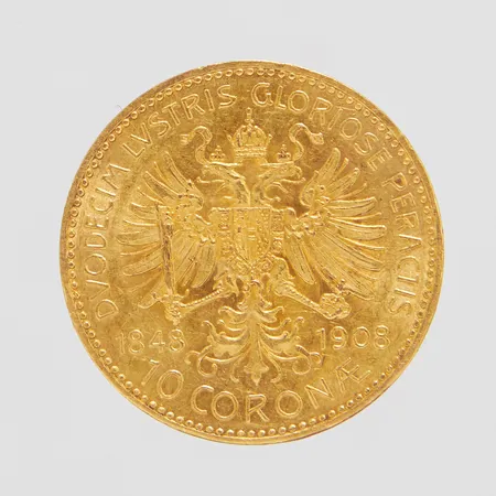 Jubileumsmynt, Franz Joseph I, 60 år som regent, 1848-1908, Kejsardömet Österrike, nominellt värde 10 Corona, Ø19mm, 900/1000, 21,6K Vikt: 3,4 g