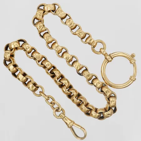Klockkedja, Ärtlänk, längd: 28,5 cm, bredd: 7 mm, bruksslitage/bucklor, 18K guld. Vikt: 14,8 g