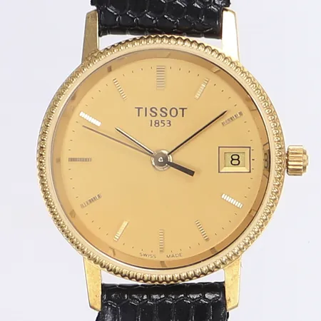 Damur Tissot, Ø24mm, quartz, datum, boett 18K, läderband och spänne i dubblé original, gravyr, går ej troligen batteribyte Vikt: 0 g