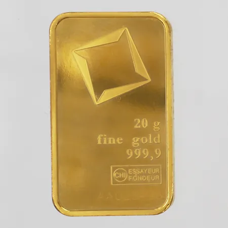 Guldtacka Valcambi Suisse, snr: AA025496, finhalt: 999,9, bruten plombering, repor, 24K guld. Vikt: 20 g