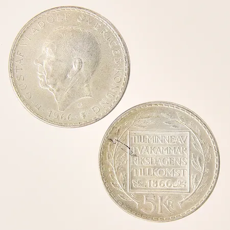 Mynt 2st, Gustaf VI Adolf Sveriges Konung, 5 kr, Ø34mm, 1966, silver 400/1000 Vikt: 36,4 g