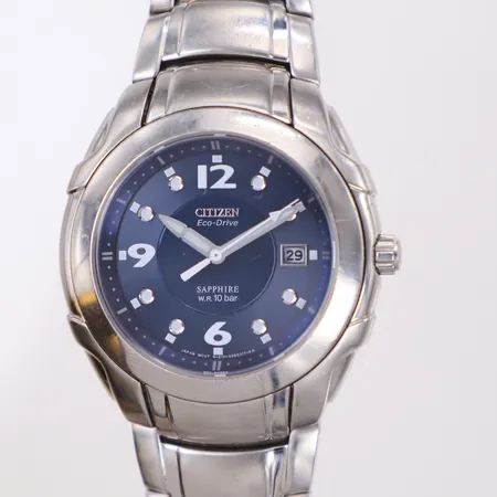 Herrur Citizen Eco-Drive, Ø39,4mm, Marinaut, GN-AW-S, blå urtavla, datum, ser nr 750376, quartz, stål, stållänk, repor, inga tillbehör