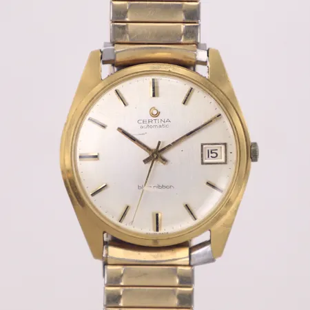 Herrur Certina Blue Ribbon i 18K guld med flexarmband, Ø 34mm, automatisk,  boettnr: 5810 155 755368, datum, skadat glas, gravyr, inga tillbehör. Vikt: 0 g