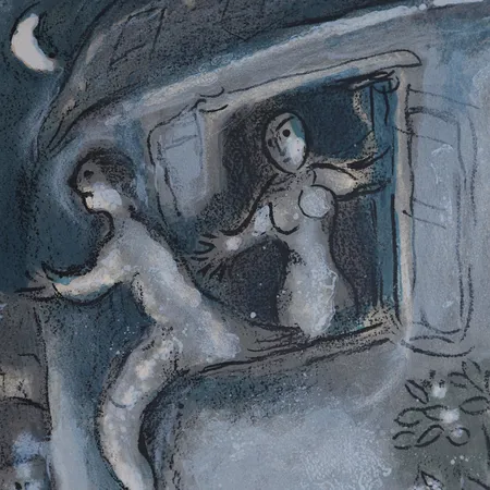Tavla, litografi, Marc Chagall, "David sauve par Michael" ur Dessins pour la Bible, 1960, signerad och numrerad 14/50, bildyta 35,8 x 26,9 cm, enligt etikett a tergo inköpt 1966 hos Galerie Pierre, Nybrogatan 1, Stockholm,  ej examinerad ur ram, mindre gulnad, enstaka mindre fläckar. Skickas med postpaket.