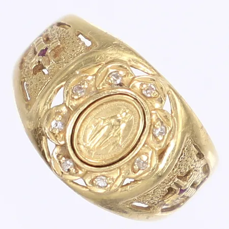 Ring, helgonbild och kors med röda stenar, stl 19½, bredd 3-13mm, ostämplad, 18K Vikt: 5,1 g