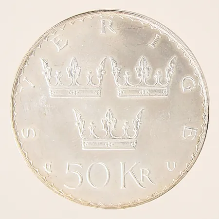 Mynt, I Sverige utgår från folket all offentlig makt, 50kronor, Ø36mm, 1975, plastetui, silver 925/1000 Vikt: 27 g