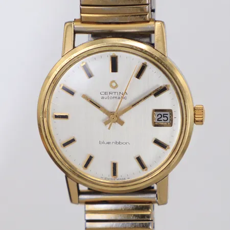 Herrur, Certina Blue Ribbon automatic, ref 5821 118, datum, guld på stål, ser nr 8180869, gravyr år 1971, repigt plastglas, flexband