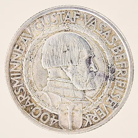 Mynt, Gustaf V Sveriges Konung, 400 Årsminne av Gustaf Vasas befrielseverk, 2kr, Ø31mm, 1921, silver 800/1000 Vikt: 15 g