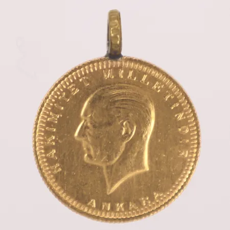 Hänge mynt, Hakimiyet Milletindir Ankara, Türkiye Cumhuriyeti 1923, längd 27,9mm, bredd 22mm, ögla ej i guld, 22K  Vikt: 7,5 g