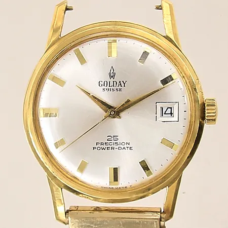 Herrur Golday, 18K, automatisk, Ø34mm, boettnr: 1291, datum, repigt plexiglas, flexarmband i stål/doublé, bandstift saknas Vikt: 0 g
