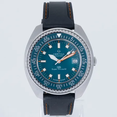 Herrur Certina DS Super PH1000M STC. Serienr: VVE PUR 2PB, Ref C024907A, Boett Ø 43,5 mm, automatisk, aluminium och stål, datum, safirglas, turkosblå urtavla, band i svart gummi med orange söm, Box med cert. och kvitto, inköpt dec-24. Mycket fint skick. Nypris 12.300:-