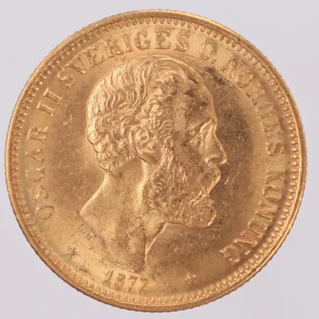 Mynt, 20kr, Brödrafolkens väl, Oscar II Sveriges O. Norges Konung, år 1877, 23,2mm, 21,6K Vikt: 8,9 g
